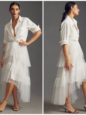 $188 NWT Anthropologie Maeve Tulle & Pearl Sheer Layered White Maxi Skirt MP